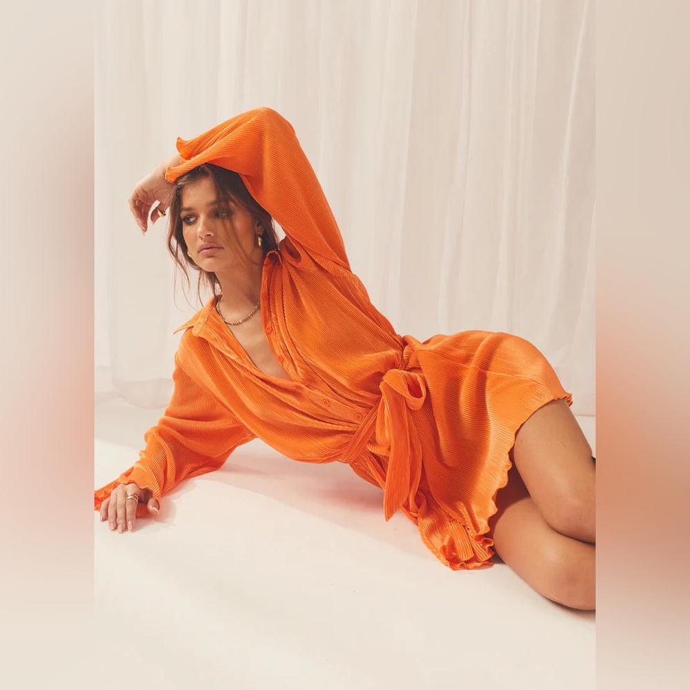 Peppermayo Soho Chic Shirt Plisse Dress, Tangerine, Size Small